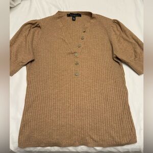 Tan Ribbed Button-Up Sweater Top